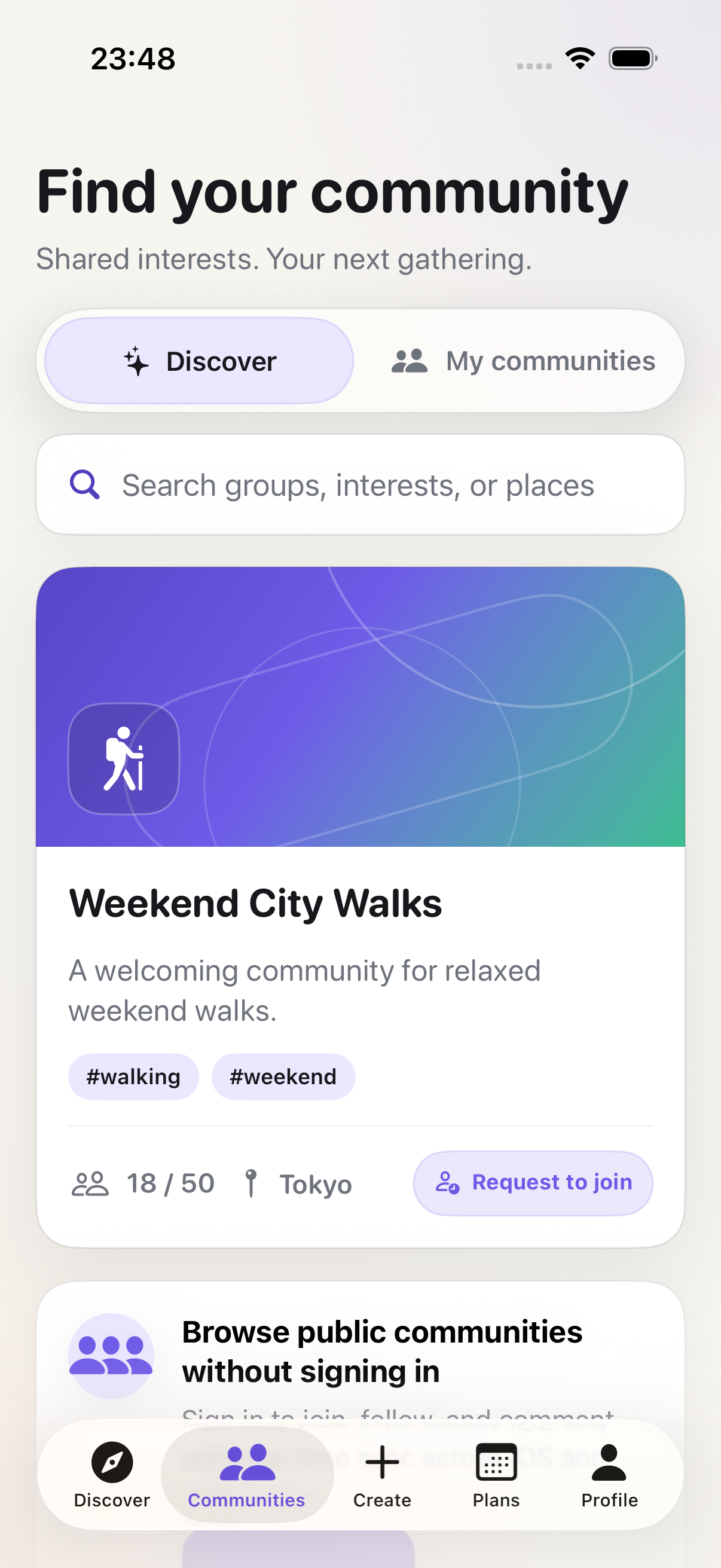 Spott iPhone community directory with search, a public community card, and a join request action