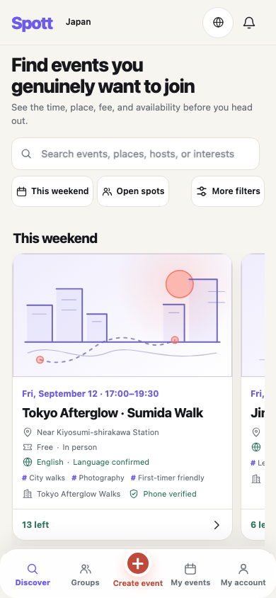 Real Spott discovery interface with search, filters, and an event card