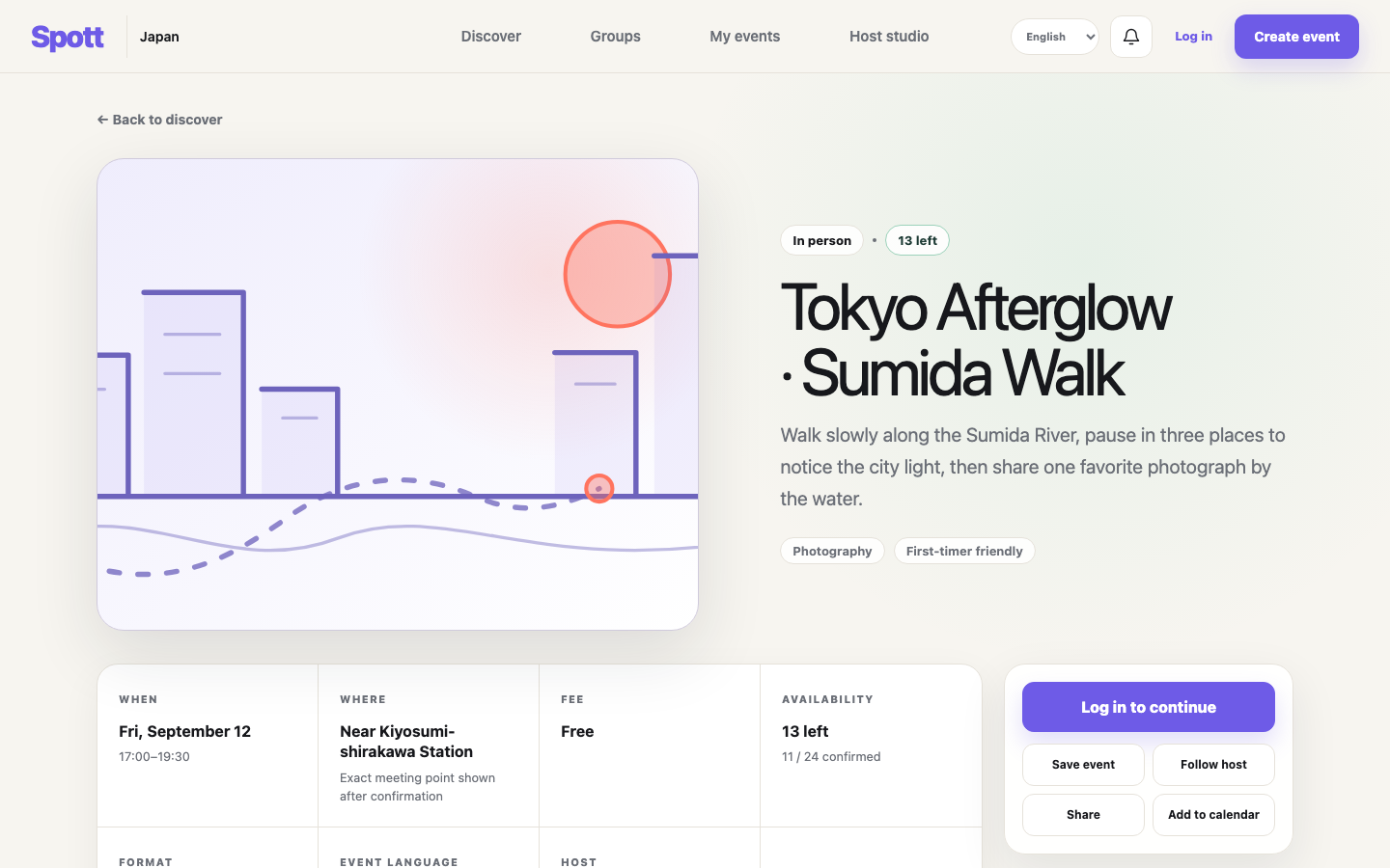 Real Spott event detail interface with time, place, fee, and availability