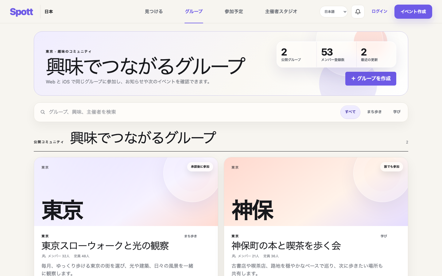 Spott Web版の実際のコミュニティ画面