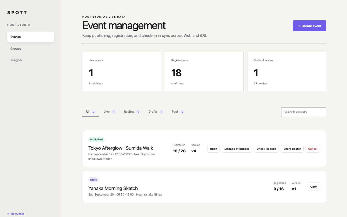 Real Spott web host studio interface